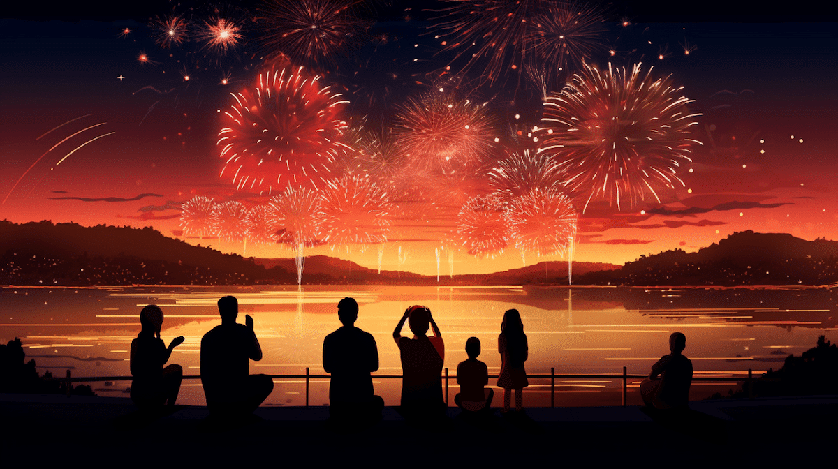 People watching a firework show vector illustration