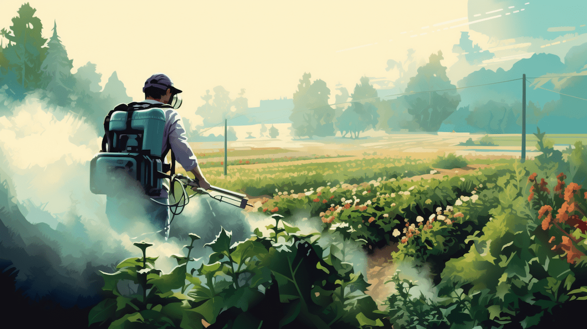 man spraying pesticides in a field vector illustration