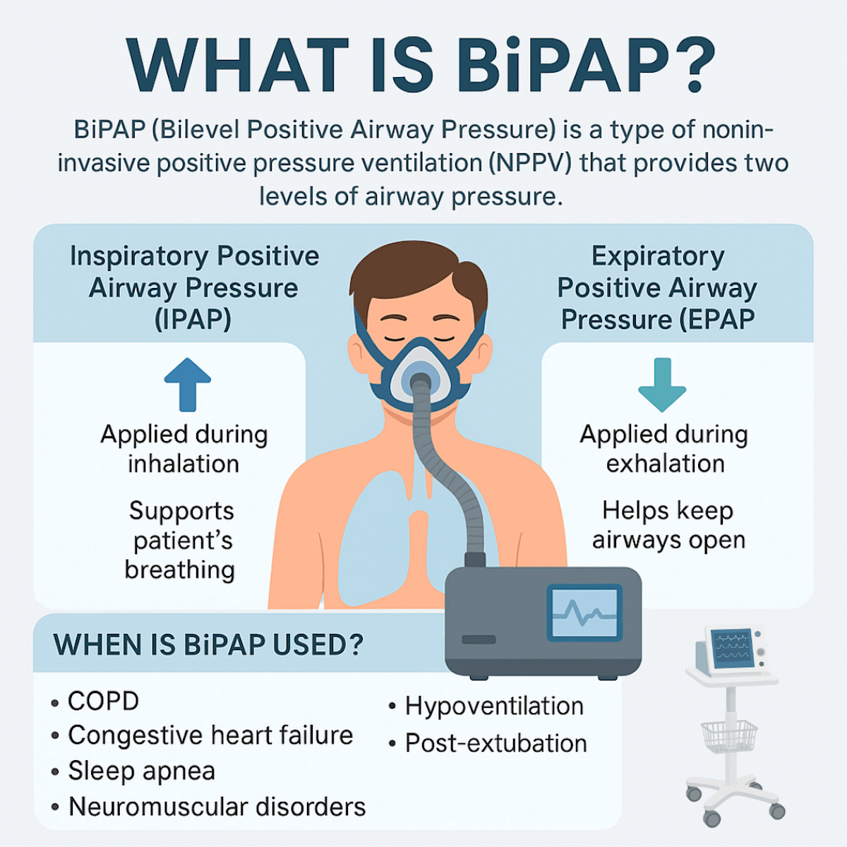 Bilevel positive airway pressure (BiPAP) illustration infographic